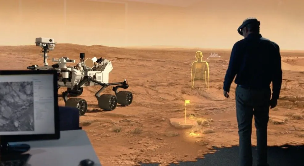 eine Abbildung einer Person, die ein Virtual-Reality-Headset benutzt, während im Hintergrund ein virtueller Avatar der Person auf der Marsoberfläche zu sehen ist