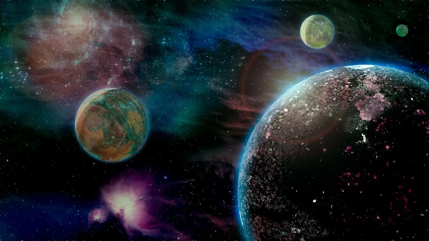 vier grünliche Planeten im Weltraum