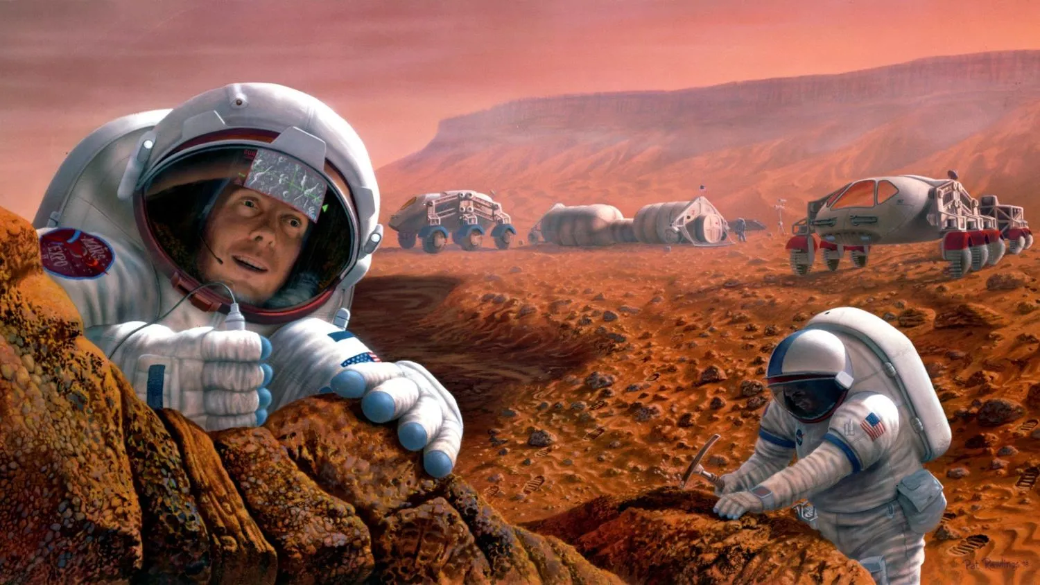 Astronauten in klobigen Raumanzügen schwingen auf dem Mars Spitzhacken an roten Felsen