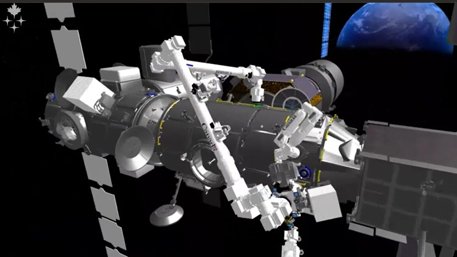 die Module der Gateway-Raumstation und der Canadarm3 in einer simulierten Umgebung. Im Hintergrund befindet sich eine große Erde zu Anschauungszwecken
