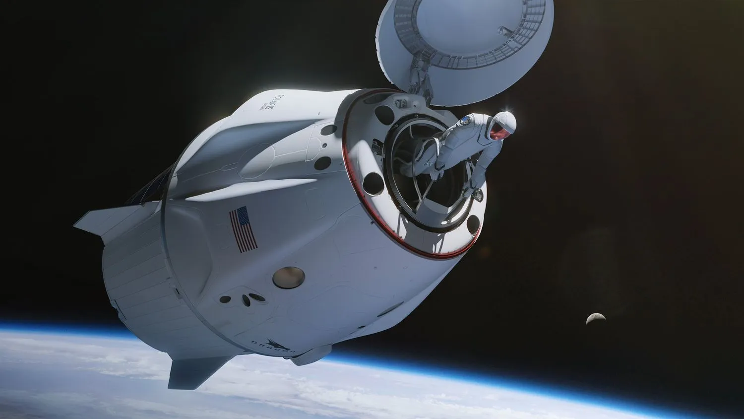 Illustration einer Person in einem weißen Raumanzug, die eine weiße Raumkapsel verlässt, um einen Weltraumspaziergang zu unternehmen, mit der Erdkrümmung im Hintergrund.
