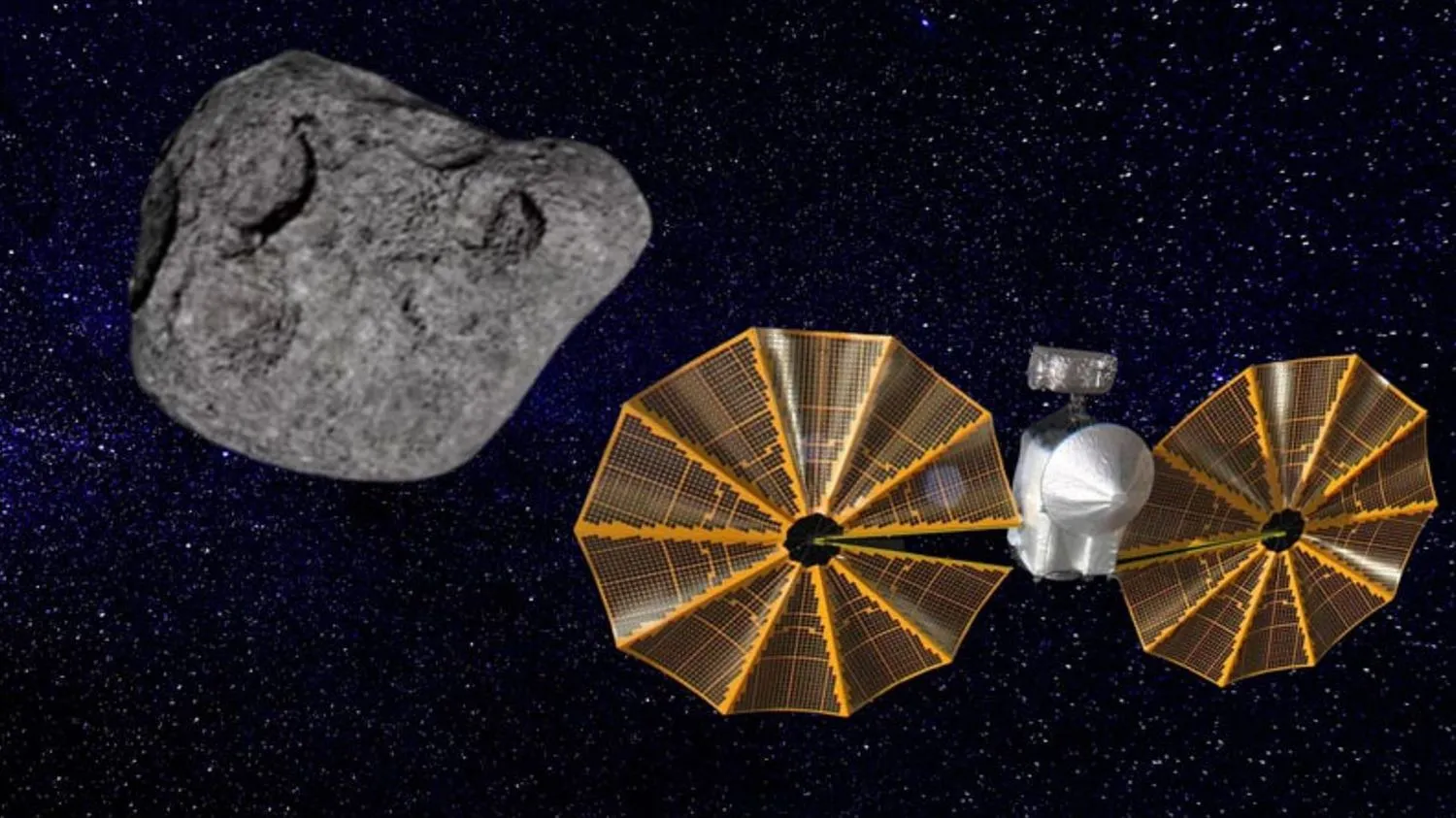 Eine Illustration der NASA-Raumsonde Lucy bei der Annäherung an den Asteroiden Dinkinesh.
