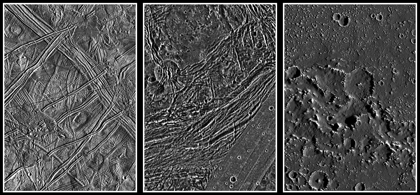 dreiteiliges Bild, das die dunkelgraue, mit Kratern und langen Streifen bedeckte Mondoberfläche zeigt.
