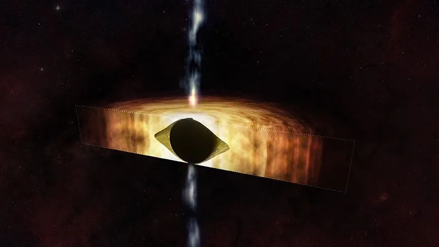 Eine Illustration eines schwarzen Lochs mit heller Materie, die es umgibt. Das Zentrum sieht aus wie ein schwarzer Fußball. Es gibt weiße Strahlen, die vertikal durch das Zentrum fließen.