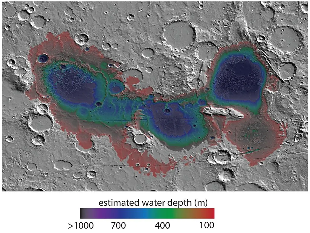 eine Marskarte mit verschiedenen Kratern und einem in rot, blau und lila markierten Bereich, der zeigt, wo sich ein alter See befand. die verschiedenen Farben entsprechen den unterschiedlichen Tiefen