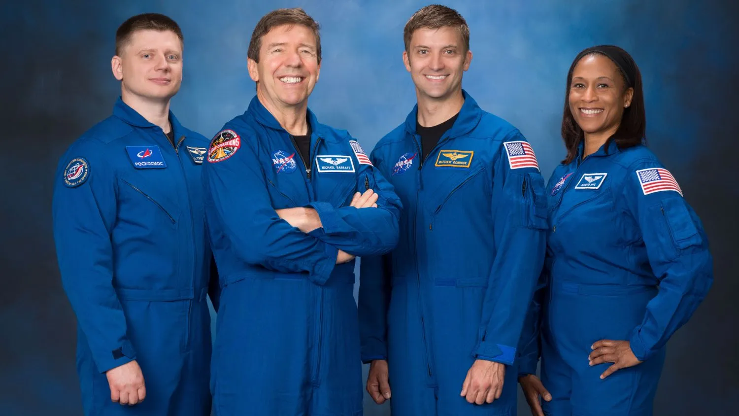 SpaceX Crew-8 Besatzung. Von links nach rechts: Roscosmos-Kosmonaut Alexander Grebenkin, NASA-Astronaut Michael Barratt, NASA-Astronaut Matthew Dominick und NASA-Astronautin Jeanette Epps.