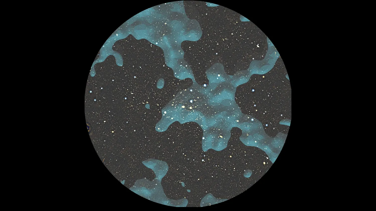 Dunkle Materie im Coma-Haufen. Dunkle Materie, dargestellt durch grüne Wolken über dem Coma-Haufen und entfernten Galaxien, gesehen vom Subaru-Teleskop.
