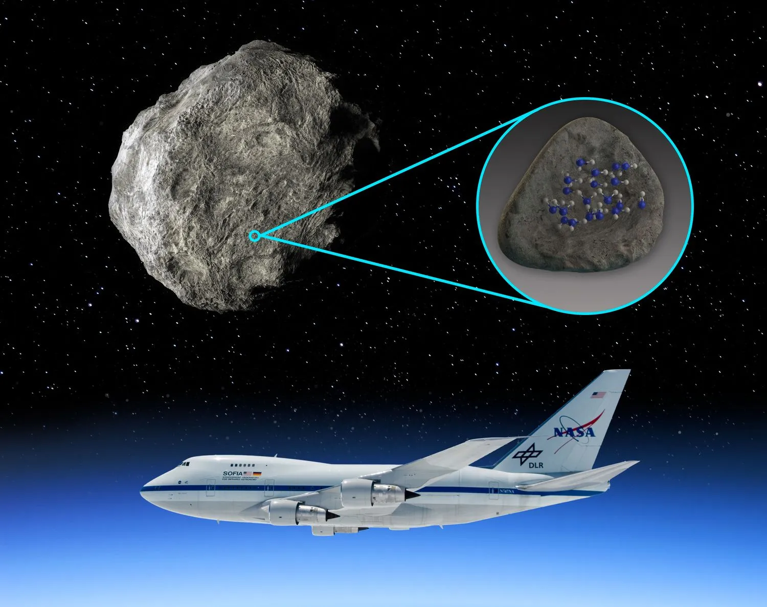 Auf der linken Seite, die die Hälfte des Bildes einnimmt, hängt ein großer Asteroid im Weltraum. Auf der rechten Seite dient ein blauer Kreis als Vergrößerungsfläche mit blauen Linien, die tangential vom oberen und unteren Rand des Kreises verlaufen und auf einem kleineren Kreis auf dem Asteroiden zusammenlaufen. in dem blauen Kreis befindet sich ein glatter grauer Felsen mit blauen und weißen Punkten darauf. Darunter, am blauen Himmel, ein Flugzeug mit 'NASA' auf der Heckflosse.