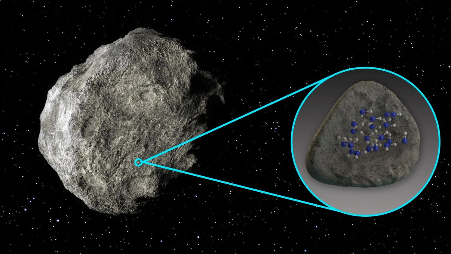auf der linken Seite, die die Hälfte des Bildes einnimmt, hängt ein großer Asteroid im Weltraum. auf der rechten Seite dient ein blauer Kreis als Vergrößerungsfläche mit blauen Linien, die tangential von oben und unten an seinem Umfang verlaufen und auf einem kleineren Kreis auf dem Asteroiden zusammenlaufen. im blauen Kreis befindet sich ein glatter grauer Felsen mit blauen und weißen Punkten darauf.