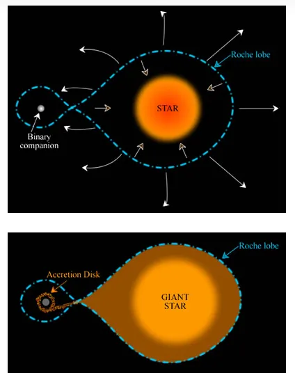 Ein Diagramm zeigt, wie ein Stern anschwillt, um seinen Roche-Lappen zu füllen und einem Begleitstern Material zuzuführen.