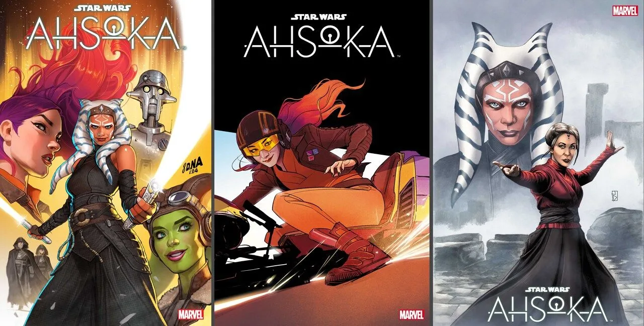 drei Cover für den Comic Star Wars: Ahsoka, der eine humanoide Alien-Frau zeigt