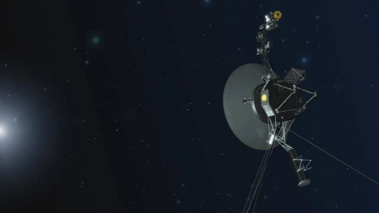 Voyager 1 Rendering des Raumschiffs im Weltraum, auf der rechten Seite des Bildes.
