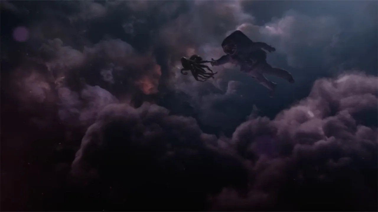 Ein im Weltraum schwebender Astronaut, der von einem großen spinnenartigen Wesen durch einen wolkenverhangenen violetten Dunst geführt wird.