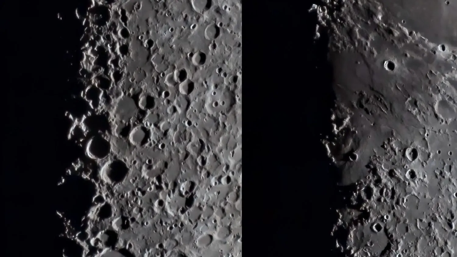 Nahaufnahmen des Mondes, die zwei Landschaftsmerkmale zeigen, die den Buchstaben X und V ähneln