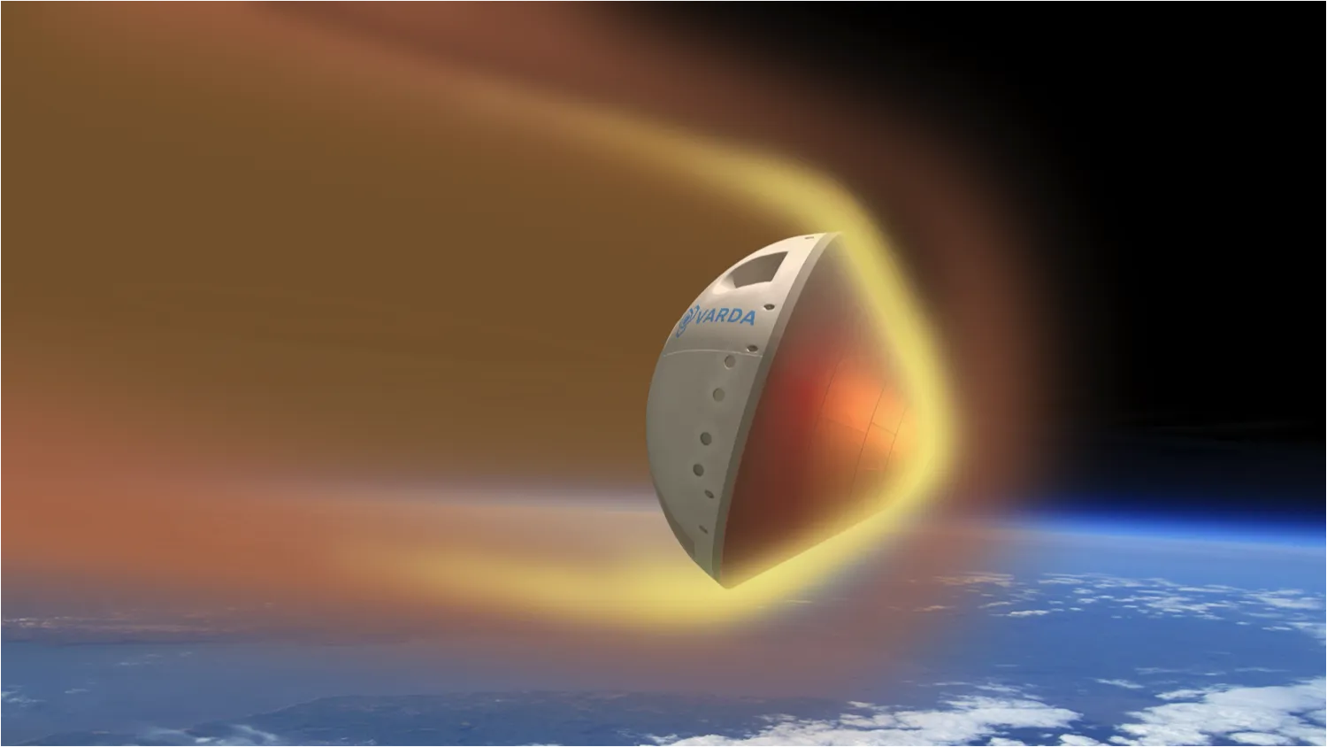 Illustration einer kegelförmigen weißen Raumkapsel, die in die Erdatmosphäre eintritt und einen feurig orangefarbenen Nachlauf überhitzter Gase erzeugt