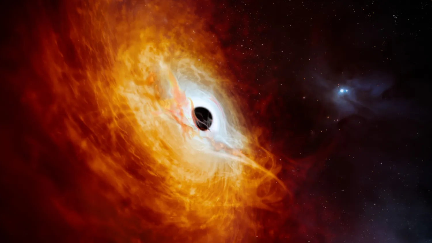 Eine Illustration des Rekordbrecher-Quasars J059-4351, des hellen Kerns einer fernen Galaxie, der von einem gierigen supermassiven schwarzen Loch angetrieben wird. 