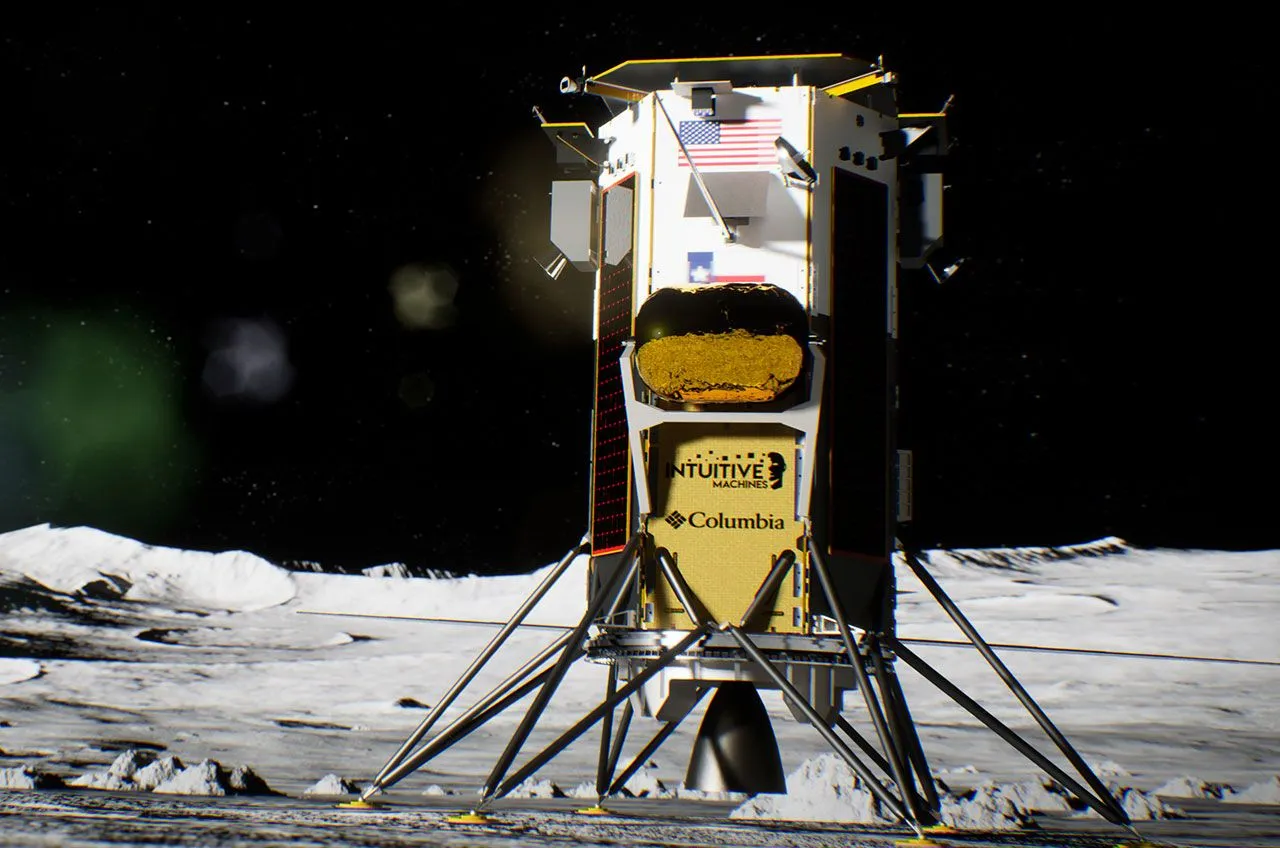 Rendering der IM-1 Nova-C Mondlandefähre von Intuitive Machines mit dem Columbia-Logo auf der Mondoberfläche.
