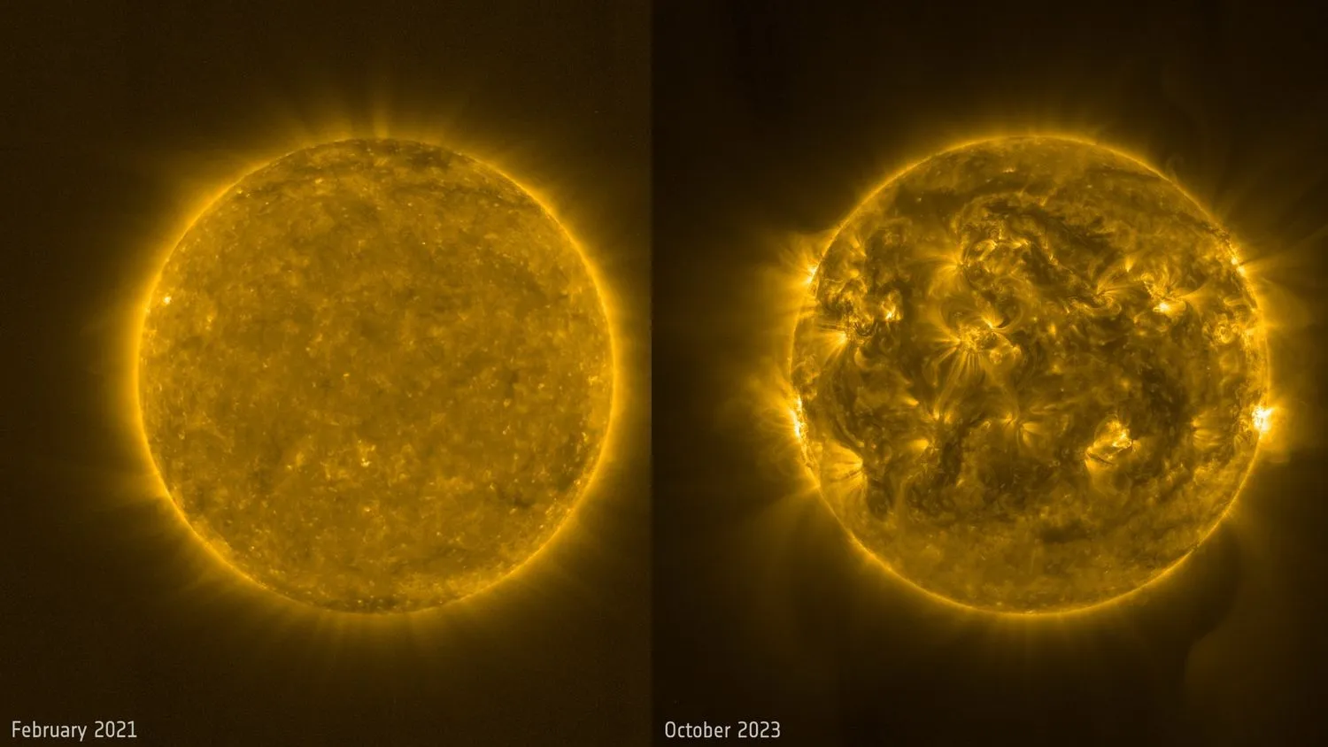 zwei Ansichten der Sonne; links eine relativ ruhige Oberfläche, rechts erscheint die Sonne viel chaotischer
