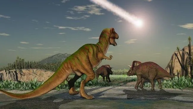 Dinosaurier sehen zu, wie ein Asteroid durch den Himmel rast