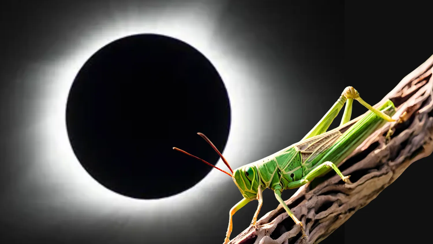 Eine Illustration zeigt einen Grashüpfer auf einem Ast mit einer totalen Sonnenfinsternis im Hintergrund.