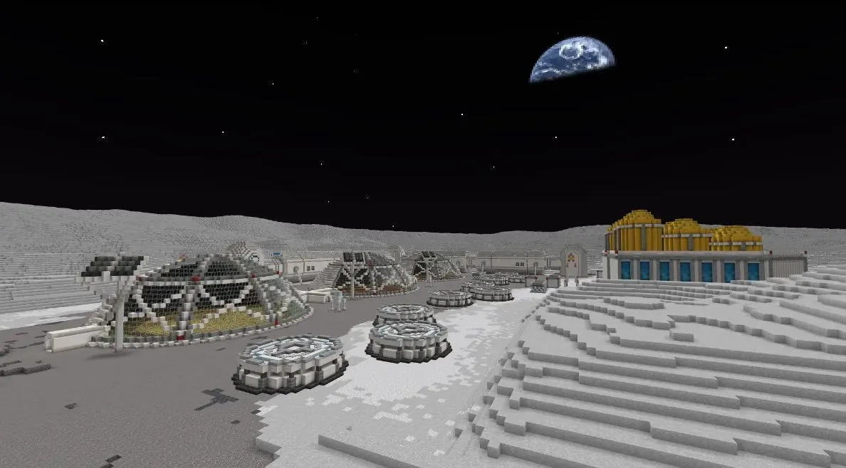 Szene aus einem Videospiel, die eine Basis auf dem Mond zeigt, mit der Erde im Hintergrund.