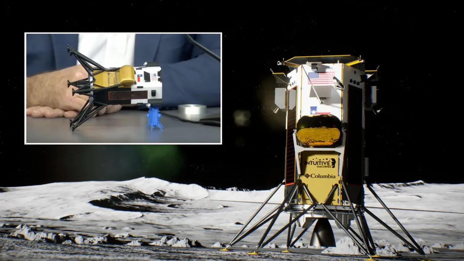 Künstlerische Illustration eines goldenen und silbernen Landegeräts auf dem Mond, das aufrecht steht; ein Einschub zeigt ein kleines Modell desselben Raumfahrzeugs, das auf der Seite liegend auf einem Tisch steht.