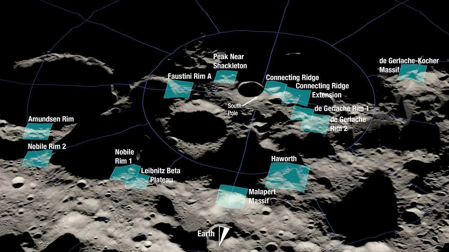 eine schattige Kraterlandschaft auf dem Mond zeigt verstreute blau hervorgehobene Quadrate mit Beschriftungen.
