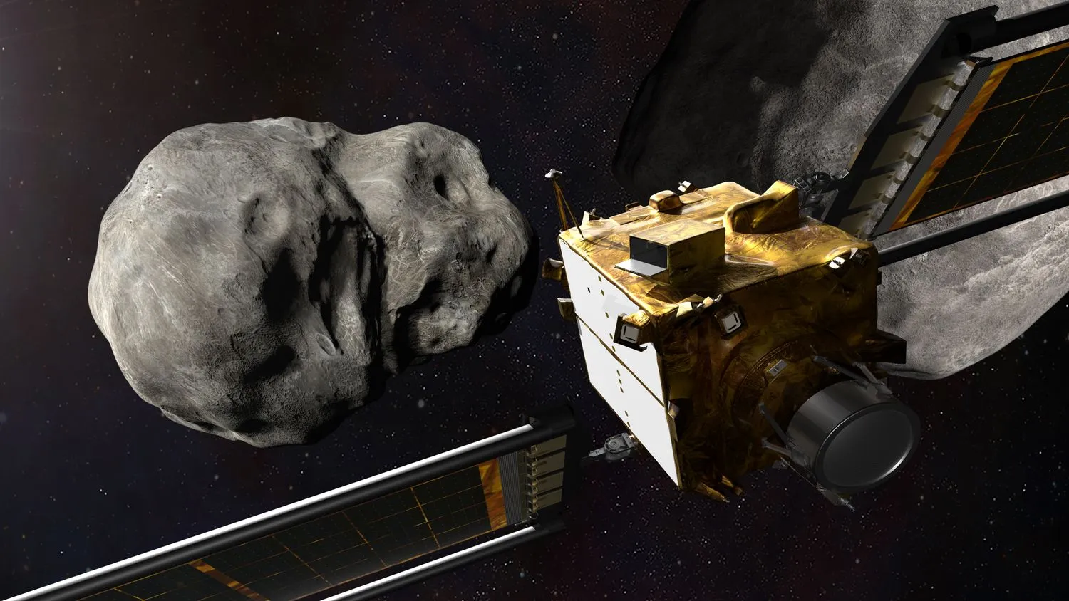 Eine Illustration des Double Asteroid Redirection Test (DART) der NASA, wie er sich seinem Ziel-Mondstück um den Asteroiden Didymos nähert. 