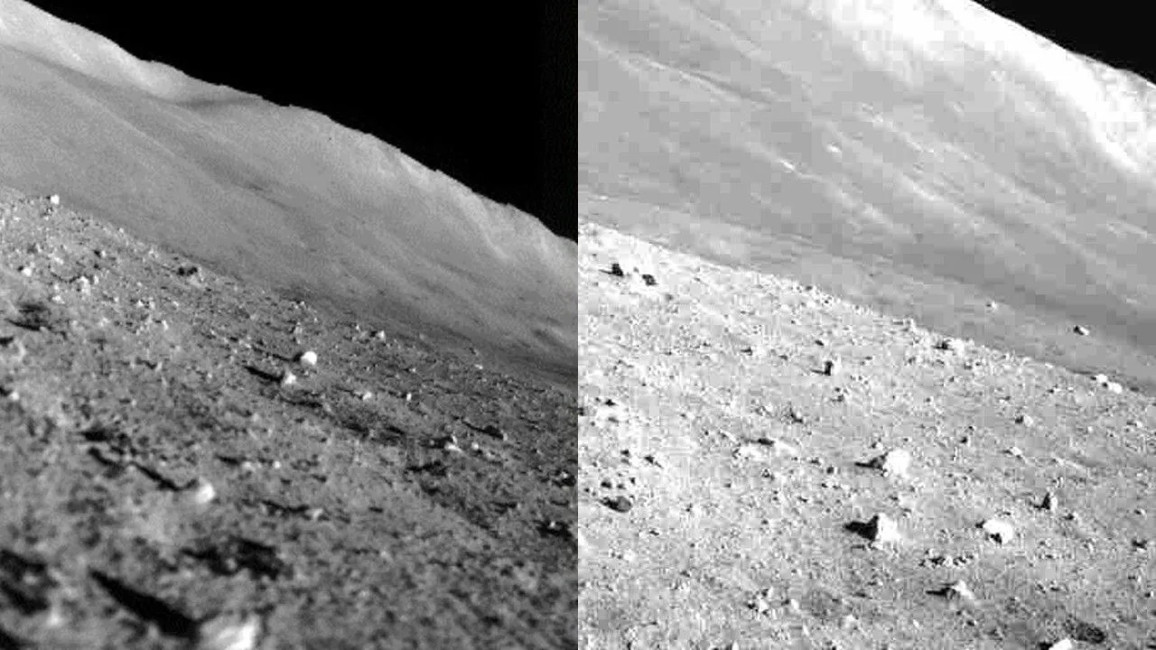 zwei Bilder eines großen Hügels auf dem Mond und Felsen davor, in schwarz-weiß