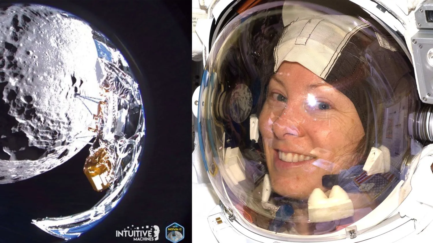 zwei bilder nebeneinander. links eine fischaugenansicht einer mondlandefähre über dem mond. rechts ein lächelnder astronaut in einem raumanzughelm