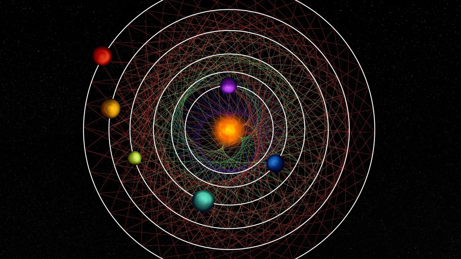 Ein orangefarbener Stern wird von sechs Planeten umkreist, die jeweils eine andere Farbe haben. Ihre Bahnen sind mit weißen Kreisen umrandet