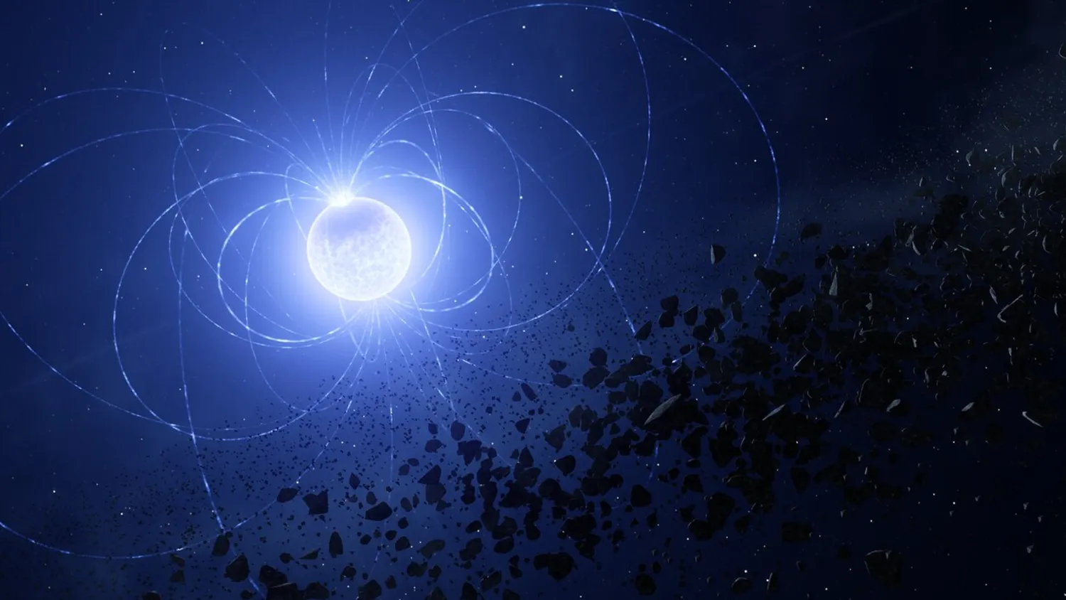 Illustration des magnetischen Weißen Zwerges WD 0816-310, bei dem Astronomen eine Narbe auf der Oberfläche gefunden haben, die darauf zurückzuführen ist, dass der Stern Planetentrümmer aufgenommen hat.