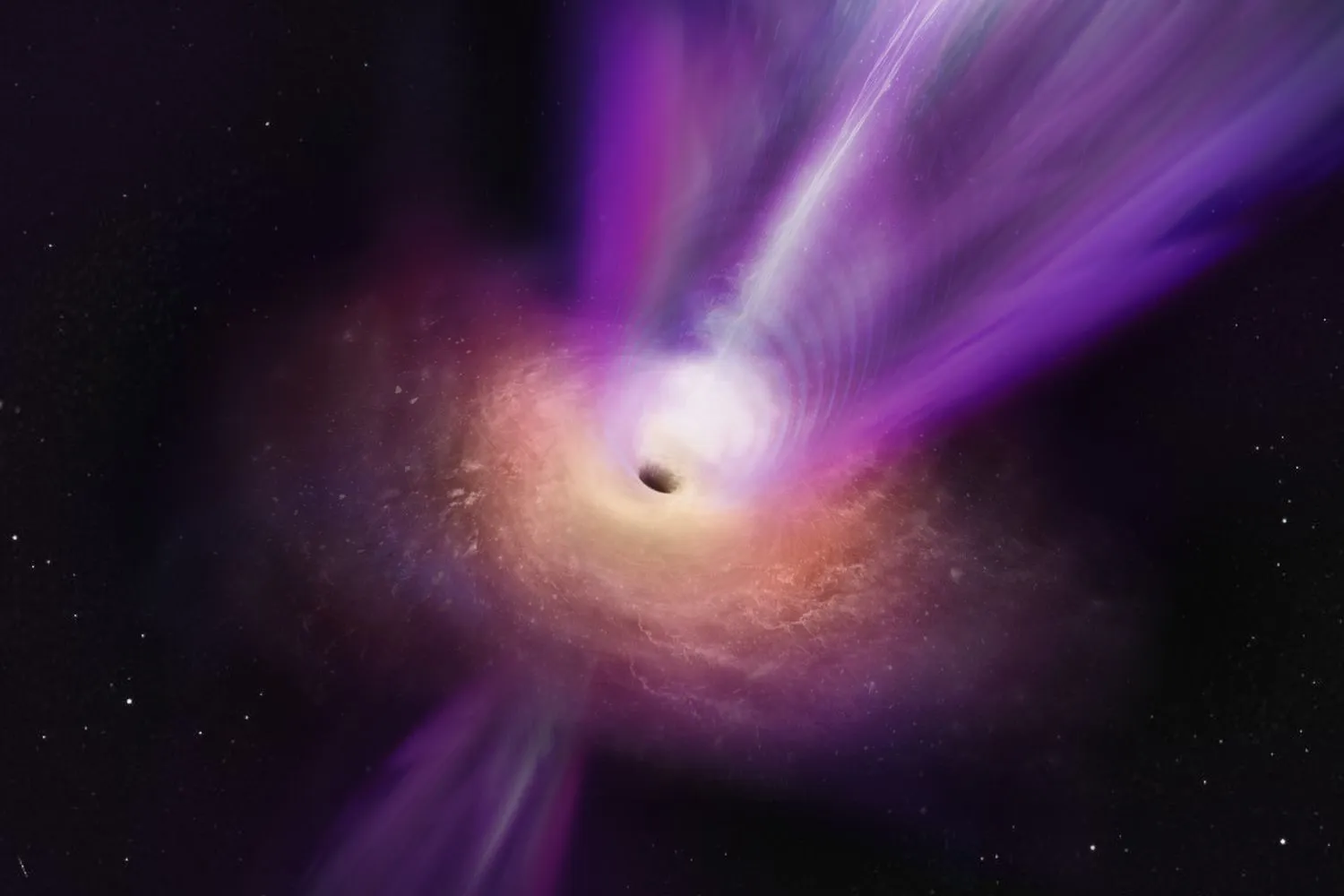 Künstlerische Darstellung des supermassiven schwarzen Lochs in der Galaxie M87 und seines mächtigen Jets.