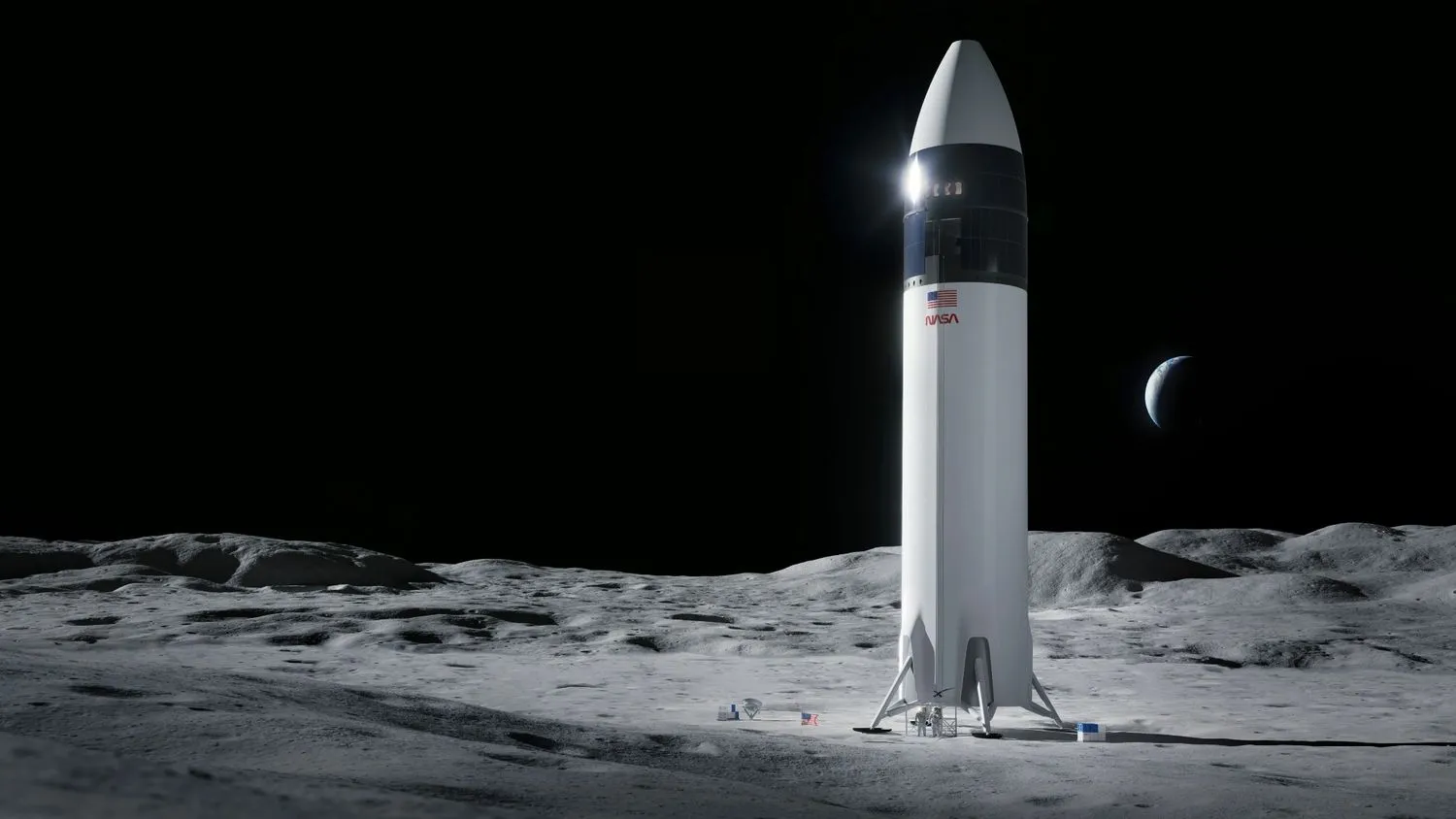 Astronauten stehen unter einer riesigen weißen Rakete auf der Oberfläche des Mondes