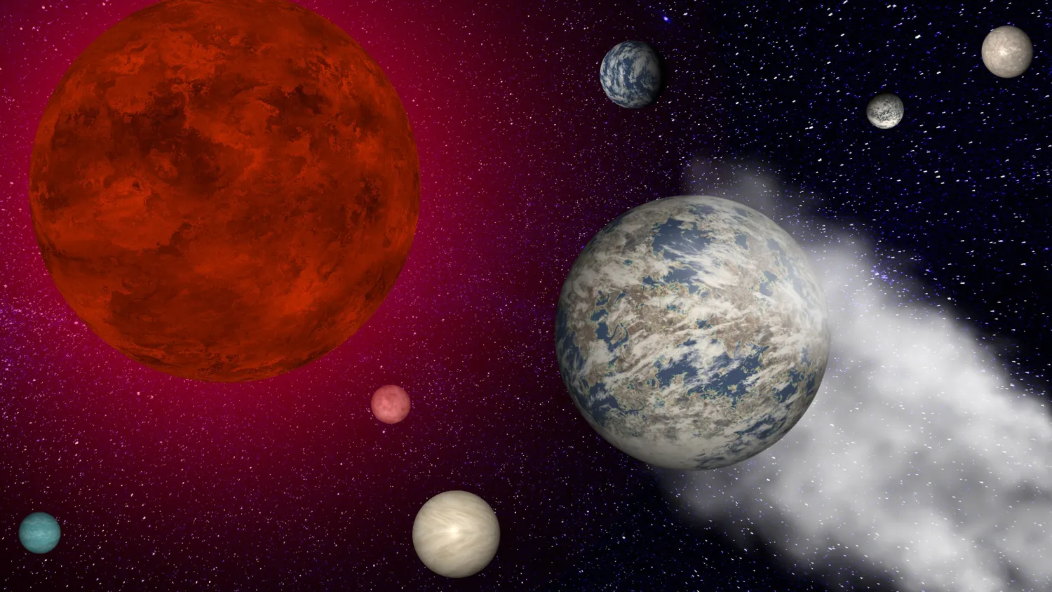 Eine Illustration von Trappist-1e zeigt den potenziell bewohnbaren Exoplaneten, der durch die starke Strahlung seines roten Zwergsterns seiner Atmosphäre beraubt wird, während seine Planetengeschwister zusehen