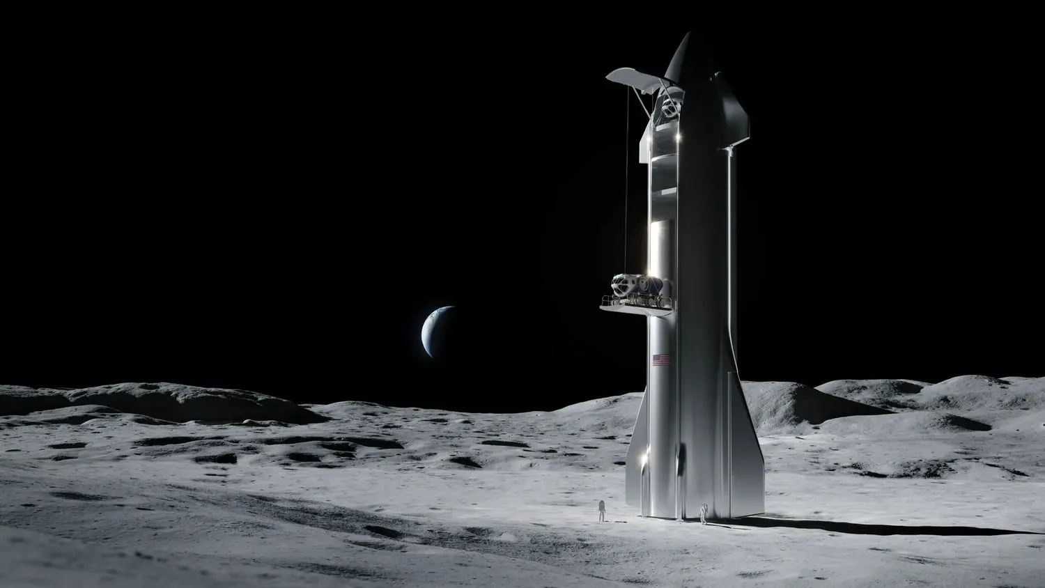 Künstlerische Darstellung des Raumschiffs von SpaceX auf dem Mond.