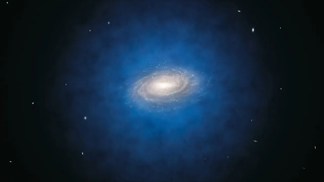 Eine Illustration einer hellen weißen Galaxie, die von einem bläulichen Halo umgeben ist. Der Hintergrund des Weltraums nimmt einen großen Teil des Bildes ein.