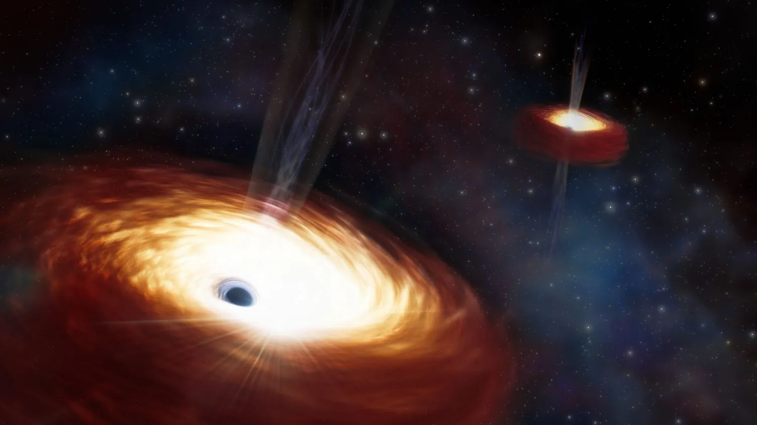 Eine Illustration zeigt zwei supermassive Schwarze Löcher, die durch ihre Größe blockiert und an der Verschmelzung gehindert werden