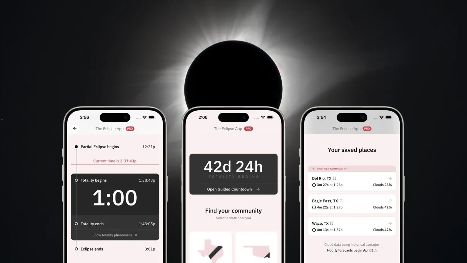 Die Eclipse-App auf dem Handy-Bildschirm zeigt drei verschiedene Ansichten zur Verfolgung der totalen Sonnenfinsternis am 8. April 2024.