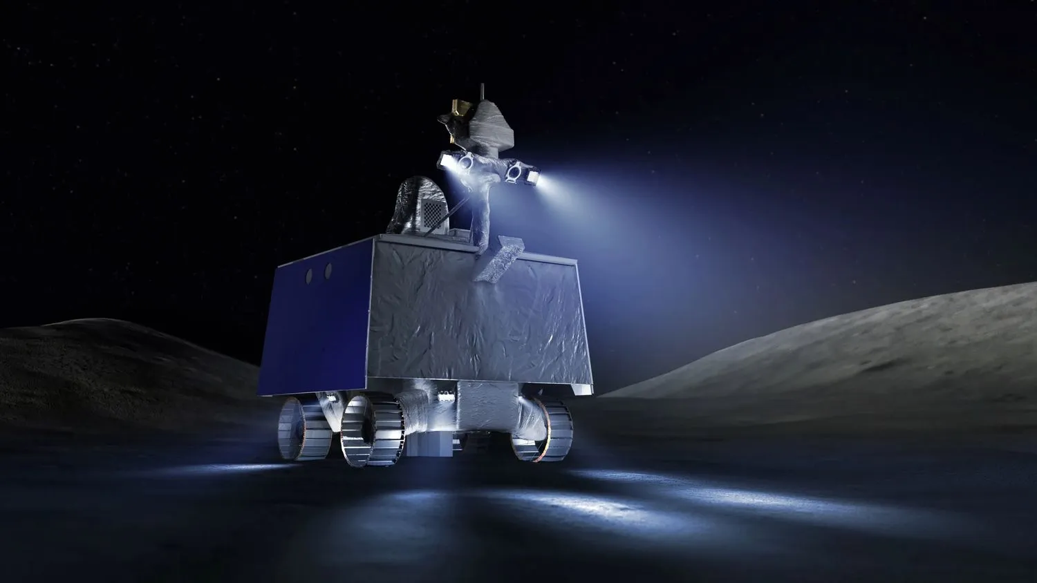 Illustration eines kastenförmigen silbernen Rovers auf der Mondoberfläche bei Nacht