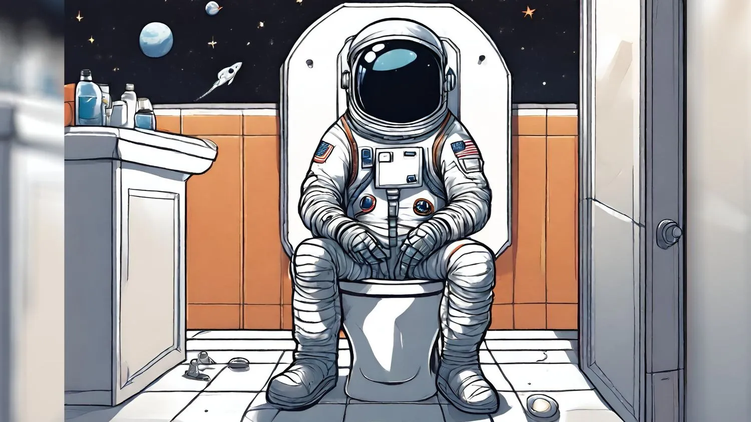 Cartoon-Illustration eines Astronauten, der im Weltraum auf einer Toilette sitzt. 