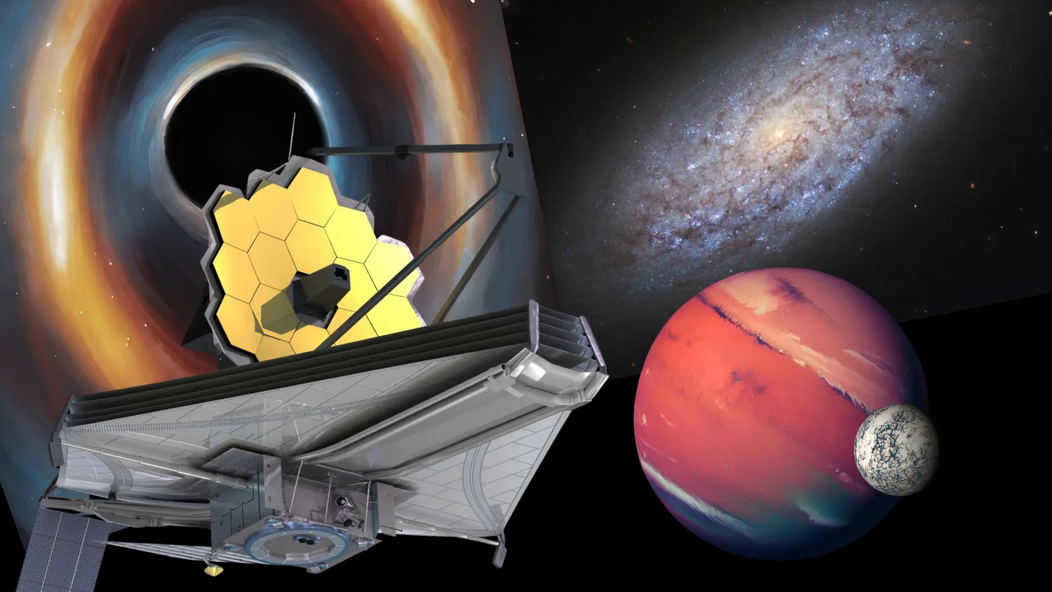Eine Illustration des James Webb Weltraumteleskops und einiger seiner Beobachtungsziele aus Zyklus 3.