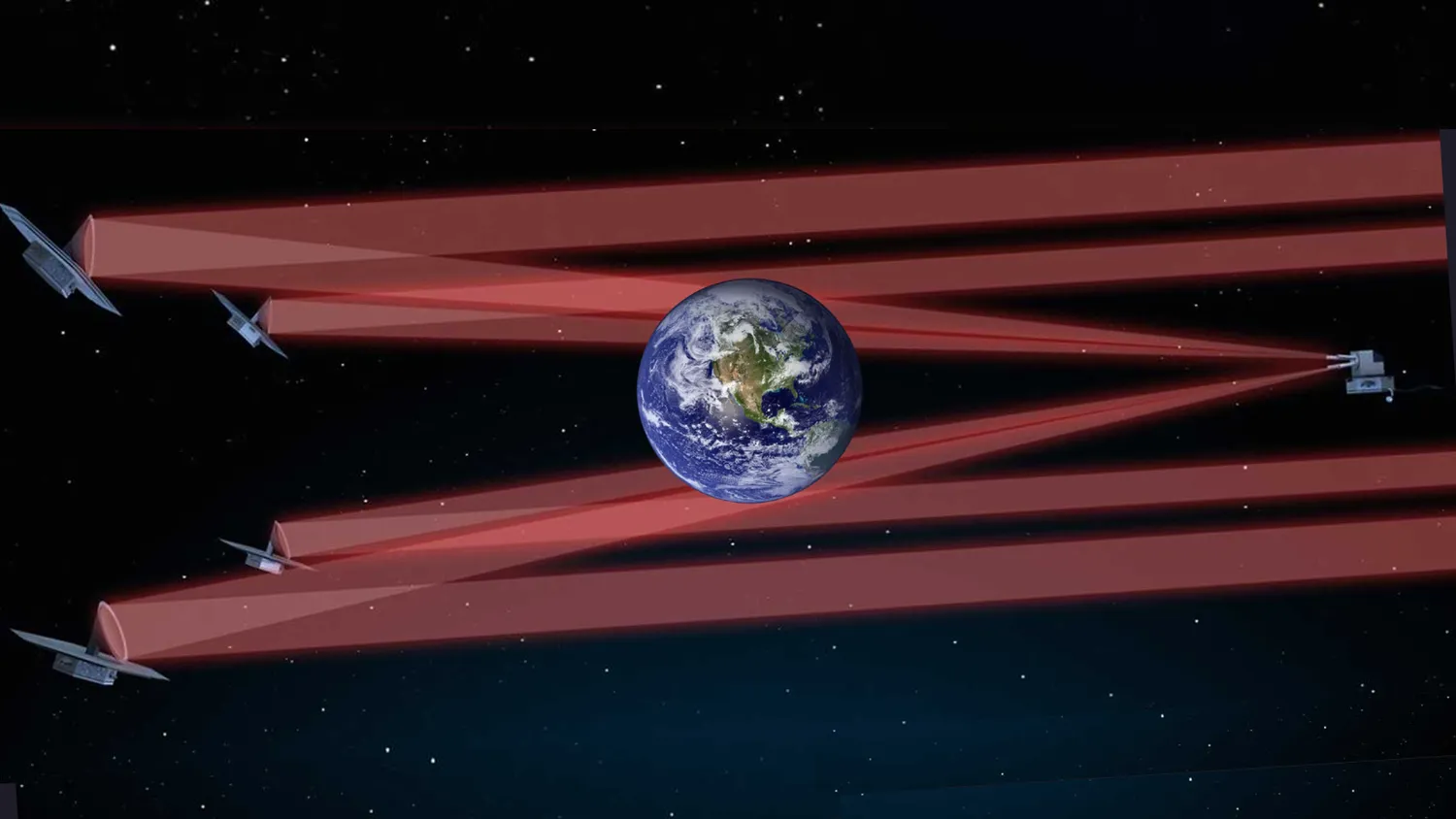 Eine Illustration zeigt die fünf Raumfahrzeuge der LIFE-Mission mit der Erde zwischen ihnen