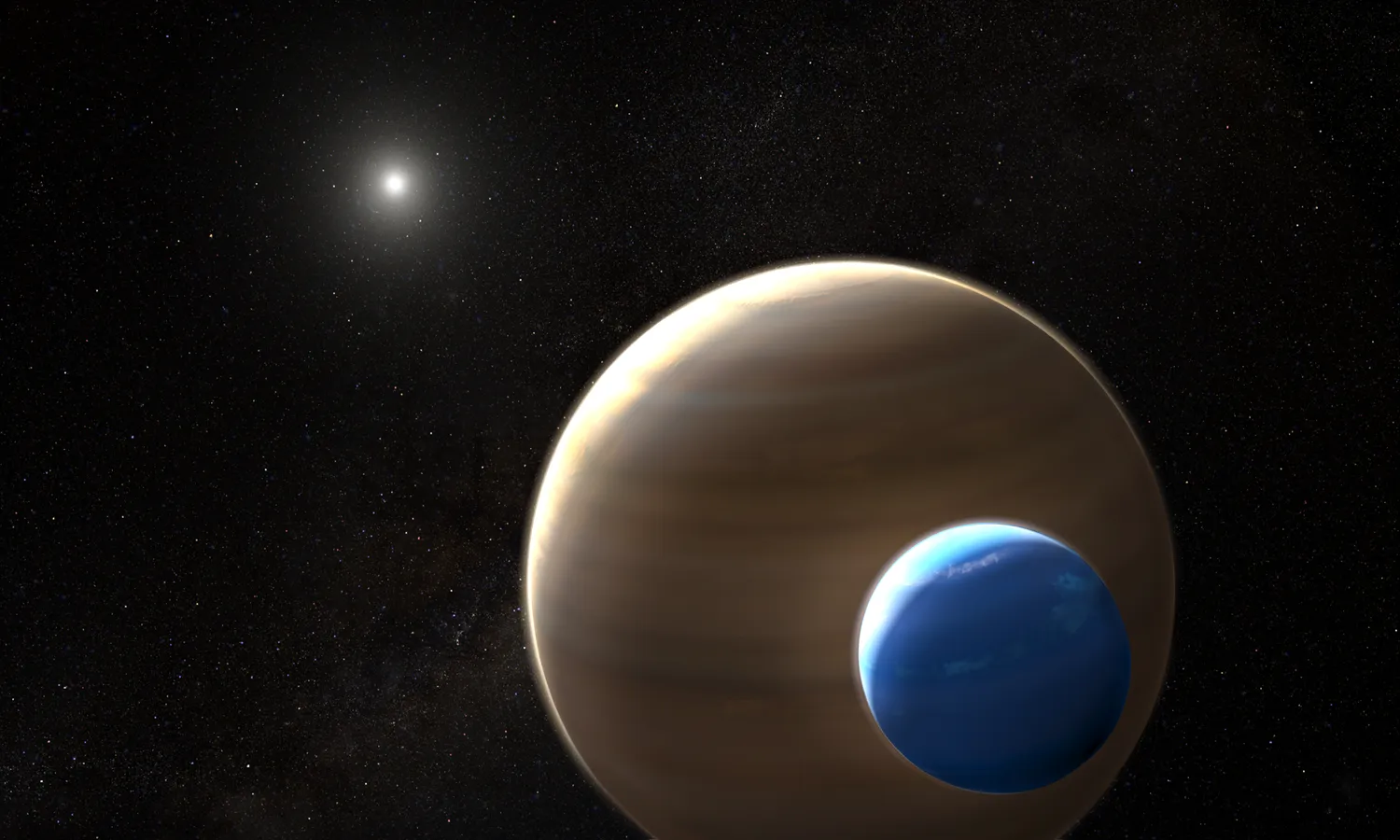 Eine künstlerische Darstellung eines Mondes, der einen Exoplaneten umkreist.
