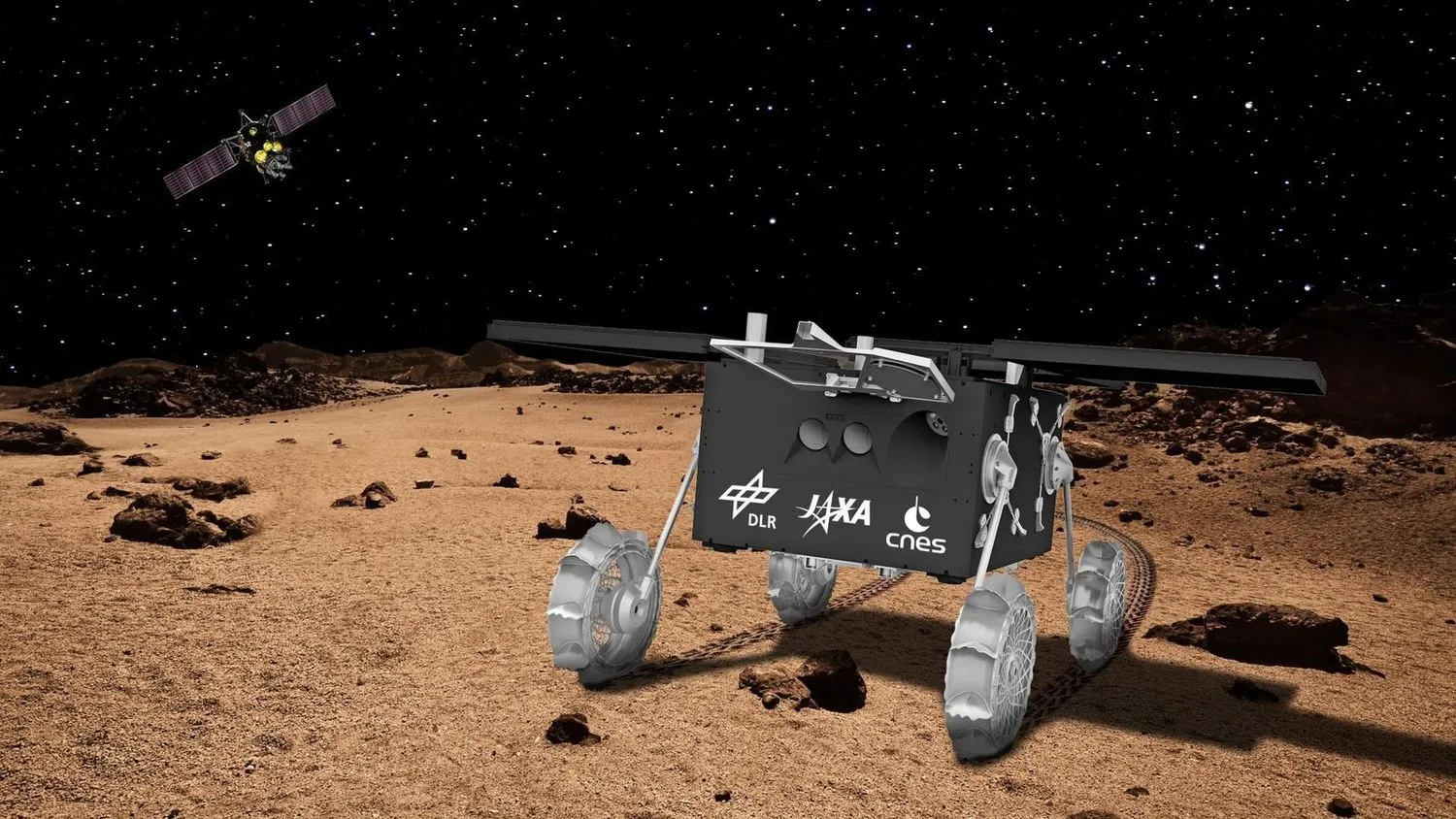 Ein vierrädriger schwarzer Cartoon-Rover steht auf der Oberfläche eines in hellen Brauntönen gehaltenen Planeten. Darüber ist eine Sternennacht zu sehen, mit einem Satelliten oben links.