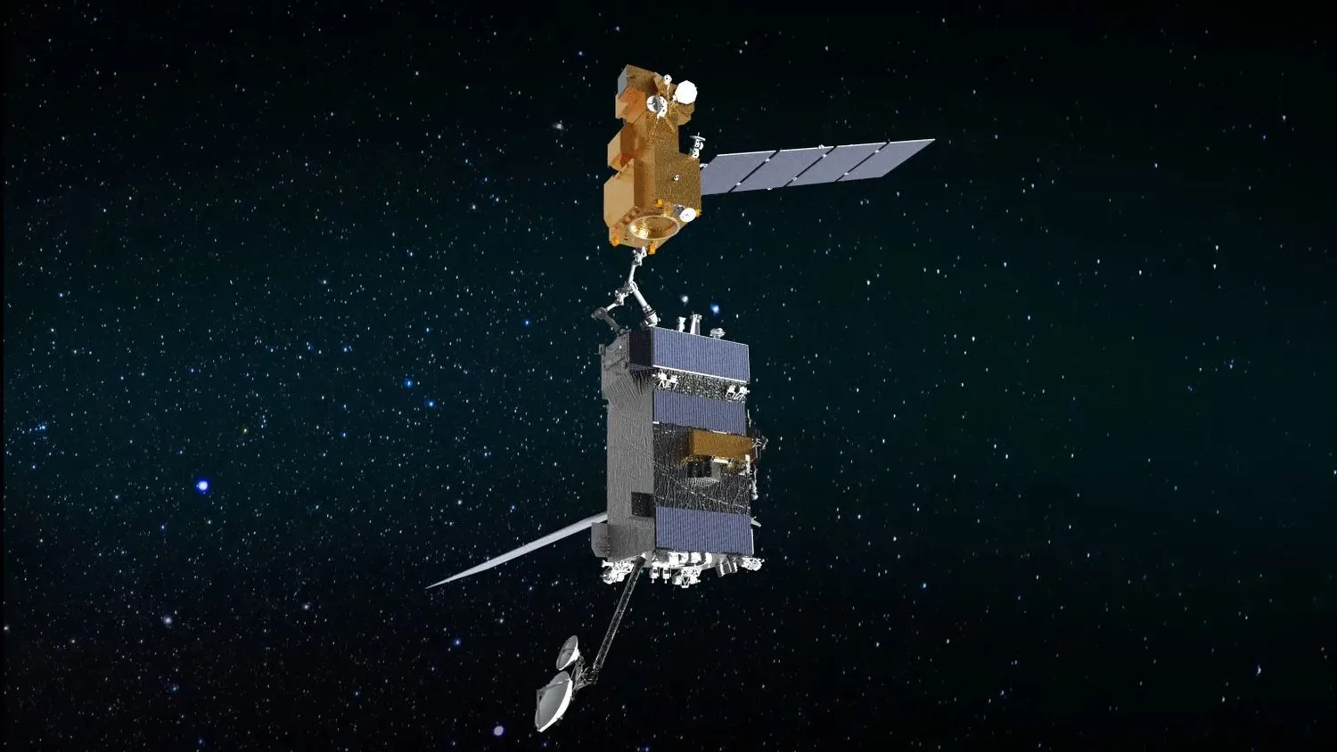 Illustration von zwei Satelliten, die in der Umlaufbahn andocken, mit einem Sternenfeld im Hintergrund
