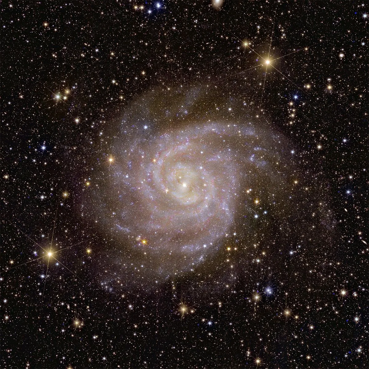 In der Mitte des Bildes ist eine Spiralgalaxie zu sehen. Im Hintergrund eine Fülle von Sternen und Galaxien im Weltraum.
