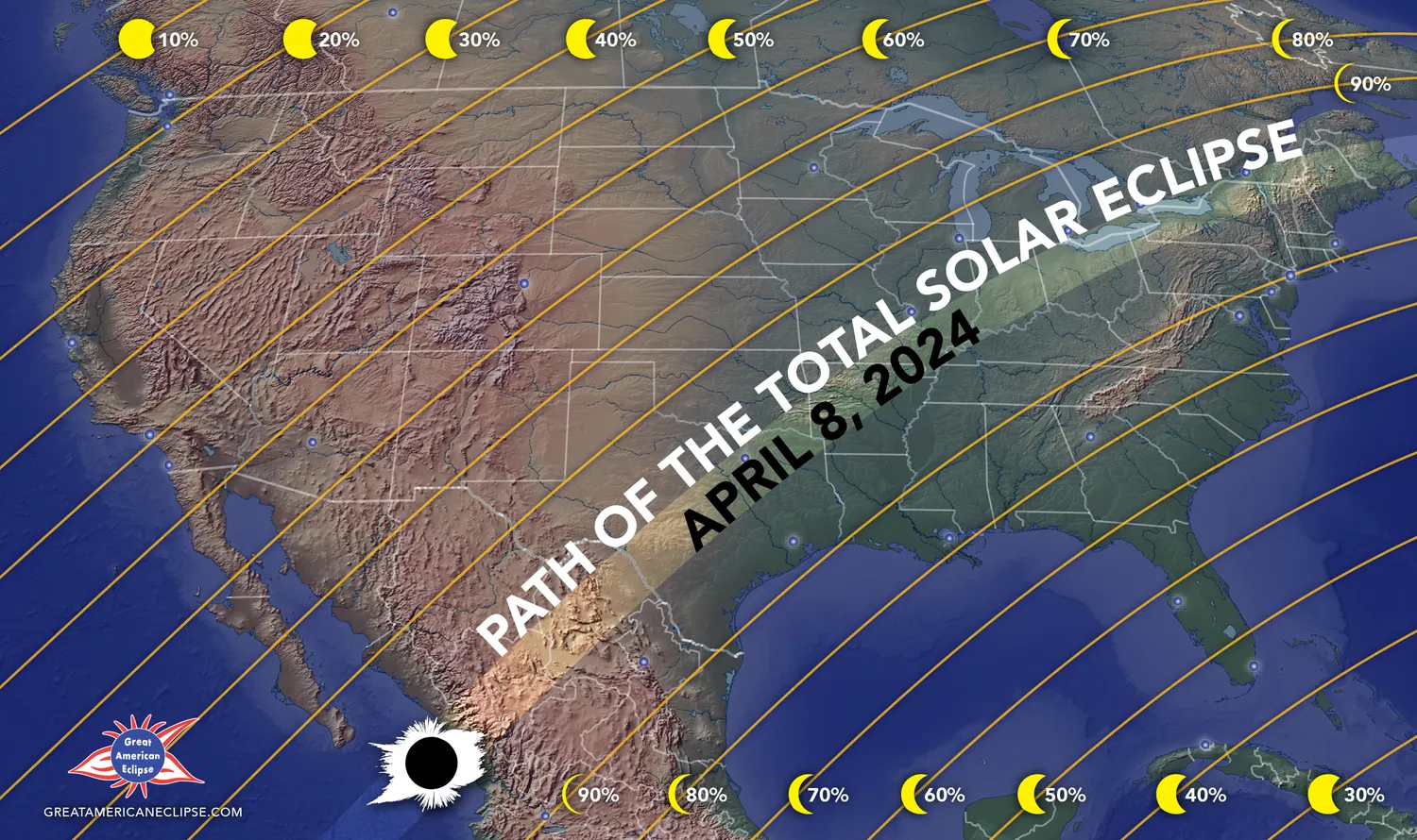 eine Grafik zeigt, wo die totale Sonnenfinsternis in ganz Nordamerika zu sehen sein wird.