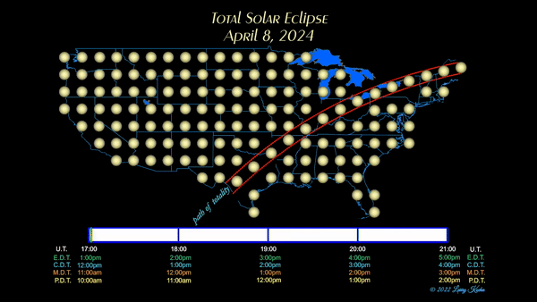 eine karte, die zeigt, wie die sonne in den vereinigten staaten während einer sonnenfinsternis am 8. april 2024 aussehen wird