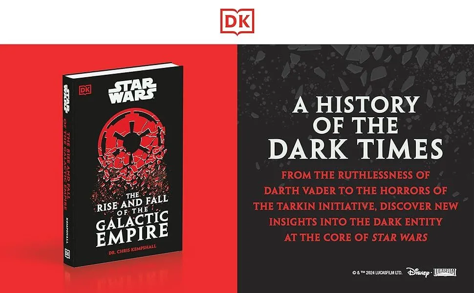 Rechts ist ein Buch mit schwarzem Einband zu sehen, das den Aufstieg und Fall des galaktischen Imperiums vor einem roten Hintergrund beschreibt. rechts sind die Worte 